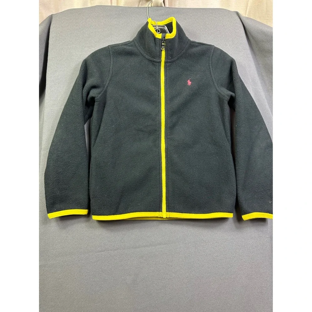 Ralph Lauren Kids Fleece Jacket Grey Neon Yellow Full Zip Pony Logo Size M 8-10
